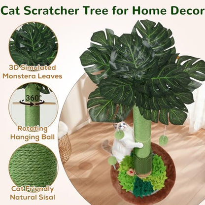 Cat Scratching Post, 40" Tall Palm Tree Scratch Post for Cats, Sisal Scratching Posts for Indoor Cats Adults with Hanging Cat Toys, Self-Grooming Brush, Snuffle Mat and Interactive Wooden Ball Track - size: 40" Tall
