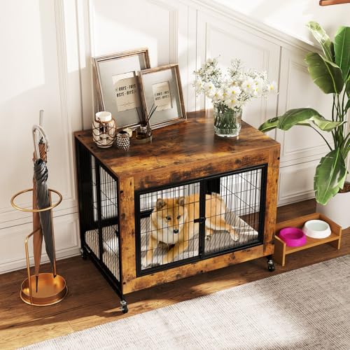 PETSITE Portable Dog Crate Furniture, 38 Inch Wooden Dog Kennel Side Table with Flip-up Top, 3 Lockable Doors and Removable Tray, Ideal for Small to Medium Dogs (Rustic Brown) - color: Rustic Brown