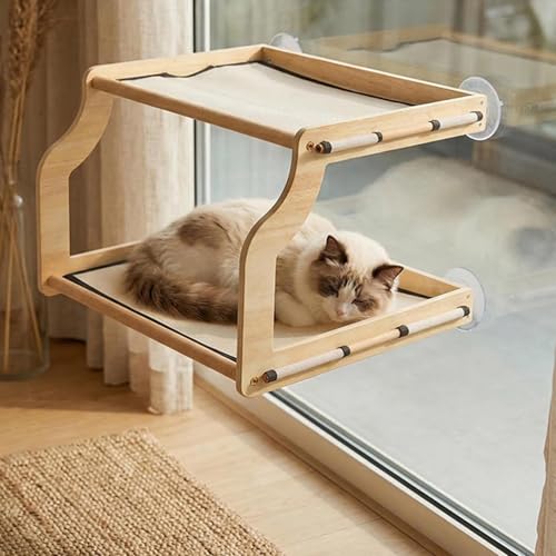Window Perch for Cats Inside | Double Layer Wooden Perch - Indoor Small Cat Window Seat - for Small Medium Large All Breeds Kitten Climbing Basking Playing