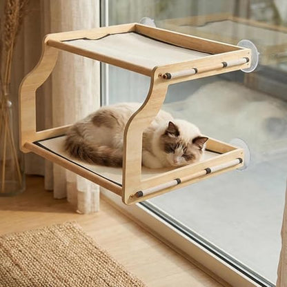 Window Perch for Cats Inside | Double Layer Wooden Perch - Indoor Small Cat Window Seat - for Small Medium Large All Breeds Kitten Climbing Basking Playing