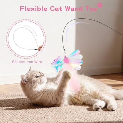 Pawaboo Feather Teaser Cat Toy, Interactive Feather Wand Cats Toy Flying Feathers Cat Catcher with Extra Long 34.5" Wand and Small Bell, Exerciser Playing Toys for Kitten or Cats, Pink Butterfly - color: Pink Butterfly