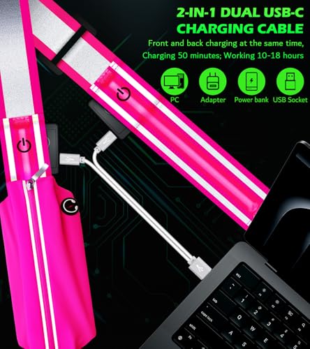 Ylzzrs LED Belt Reflective Sash for Walking at Night,High Visibility Adjustable Night Running Safety Gear,Light Up Running Belt Reflective Gear with Phone Bag/Armband for Runners Walkers Men Women - color: Pink