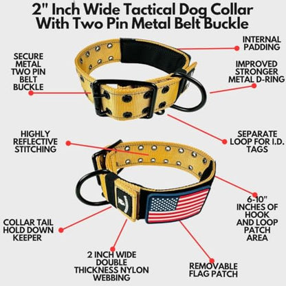 Tactical Dog Collar 2 Inch Wide Heavy Duty with Metal 2-Pin Belt Buckle for Medium, Large & XL Dogs, Thick Military-Style K9 Collar, Reflective, with Name Plate Area, USA Flag Patch, Strong & Durable - color: TAN, size: 12-20 inches