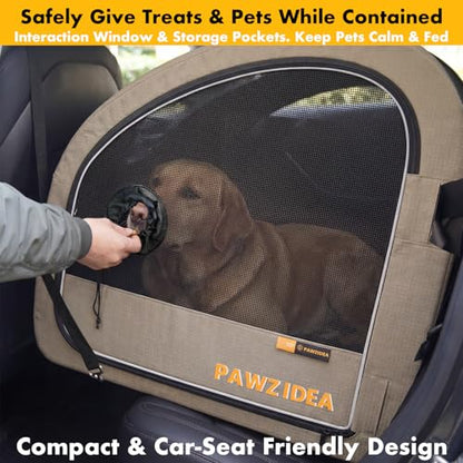 PAWZIDEA Portable Dog Crate for Car, 45% Extra Tall Travel Kennel for Medium & Large Dogs up to 80lbs Sit Upright, Enclosed Soft-Sided Backseat Carrier Collapsible, Secure w/Seatbelt & Headrest Strap - color: Khaki Plaid, Large