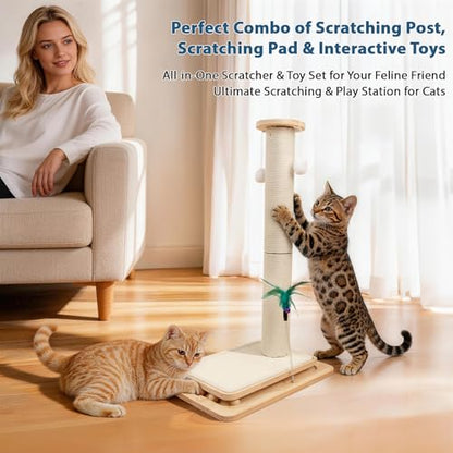 2-in-1 Cat Scratching Post and Pad, 28" Natural Sisal Cat Scratcher for Indoor Cats, Solid Wood Base with Interactive Spring Toy & Dangling Ball, Space-Saving for Indoor Adults Cats - size: 28 inches