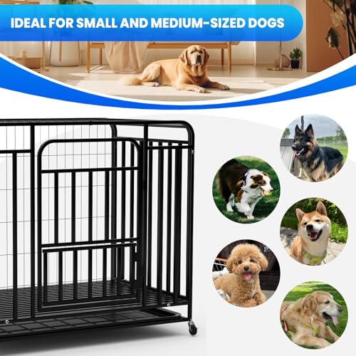 37-Inch Medium Dog Crate with Divider, Double Door Folding Alloy Metal Wire Cage with Leak-Proof Plastic Tray, Portable Pet Kennel for Indoor, Outdoor, and Travel,Black