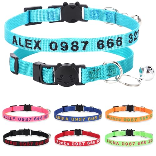 Personalized Cat Collars, Embroidered with Pet Name and Phone Number, Adjustable Nylon Breakaway Safety Release Buckle ID Collar,Custom Text with Bell for Cat or Kitten,Sky Blue - color: Sky-Blue