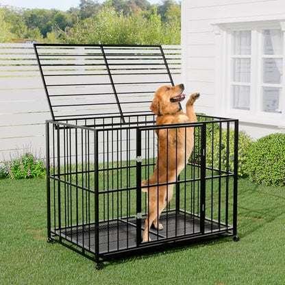 48 Inch Dog Crate for Large Sized Dogs, Heavy Duty Stainless Steel Indoor Kennel Escape Proof with Wheels and Removable Tray, Extra Large XL XXL Indestructible Dog Cage Stackable for High Anxiety Dogs - size: 48 inch