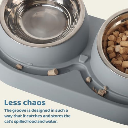 UBPET Cat Feeder and Water Dispenser, 2025 Upgraded Cat Feeder with Stainless Steel Bowls, Pet Food Dispenser for Cats and Small Dogs, Easy to Clean(White and Gray)