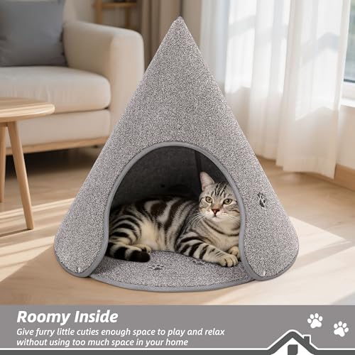 BEQHAUSE Cat Beds for Indoor Cats, Cat Cave Bed with Non-Slip Bottom, Anti-Scratch Cat House Cat Tent for Kittens and Small Dogs, Foldable Kitten Hideaway Machine Washable,22.8 * 22.8 * 20.8in, Grey - color: Grey