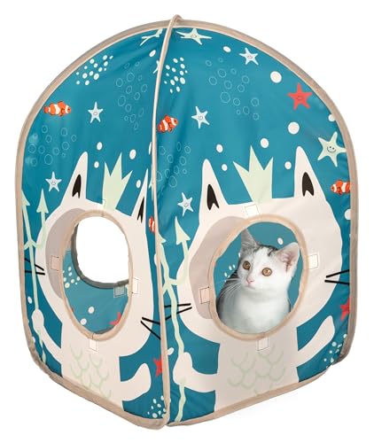 Kitty City Ocean-Themed Cat Play Furniture Set, Collapsible Pop-Up Cat Toys Combo with Cube, Tunnel & House, Indoor Cat Playground for Play, Hiding & Lounging - color: D) Ocean Cat Play Combo