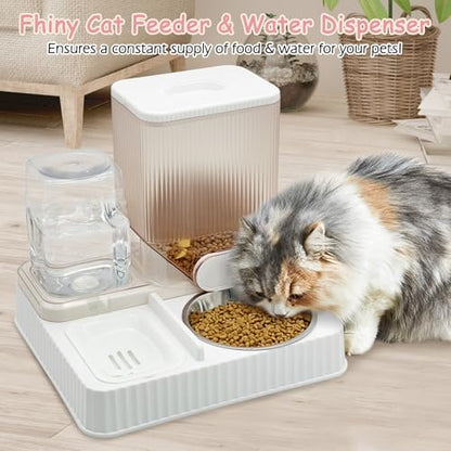 Fhiny Gravity Cat Feeder & Water Dispenser, 2 in 1 Automatic Puppy Waterer Removable Stainless Steel Food Bowls Set Self Feeding Pet Food Storage for Cat Kitten Puppy Easy Clean (White) - color: White-Metal Bowl