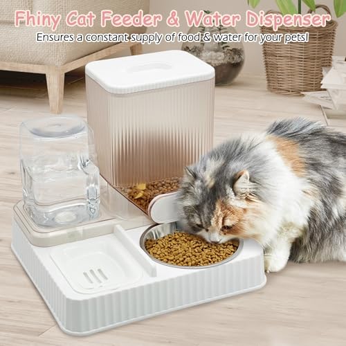 Fhiny Gravity Cat Feeder & Water Dispenser, 2 in 1 Automatic Puppy Waterer Removable Stainless Steel Food Bowls Set Self Feeding Pet Food Storage for Cat Kitten Puppy Easy Clean (White) - color: White-Metal Bowl