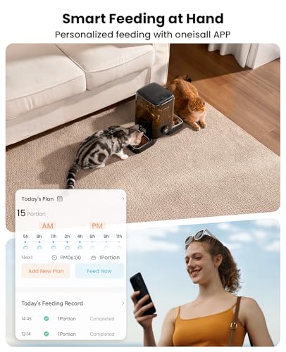 oneisall Cordless WiFi Automatic Cat Feeder for 2 Cats, Rechargeable 100-Day Battery Operated Auto Cat Feeder, 20 Cups/5L Timed Cats Food Dispenser Automatic for Large Kibble, Smart App Control