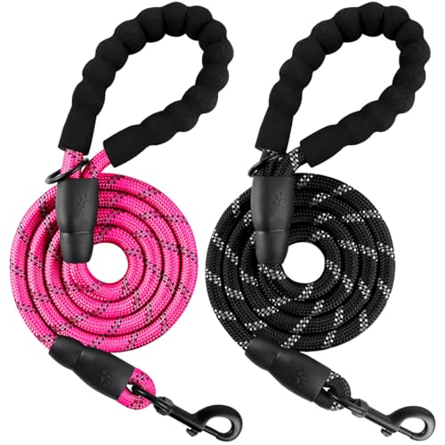 BARKBAY Dog Leashes for Large Dogs Heavy Duty Dog Leash 2 Pack 5 FT with Comfortable Padded Handle Highly Reflective Threads for Medium Large Dogs Walking Training Running (5FT-1/2,Fushcia+Black) - color: Fushcia+black, size: 5 Feet
