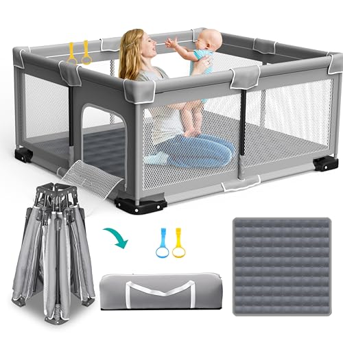 ICAREWAY Foldable Playpen for Babies and Toddlers, 71"x59" Inches Portable Playpen with Mat, Kids Collapsible Play Pen with 2 Handlers, Indoor & Outdoor Baby Play Area with Visible Mesh (Light Gray) - color: Light Gray, size: 71"x59"