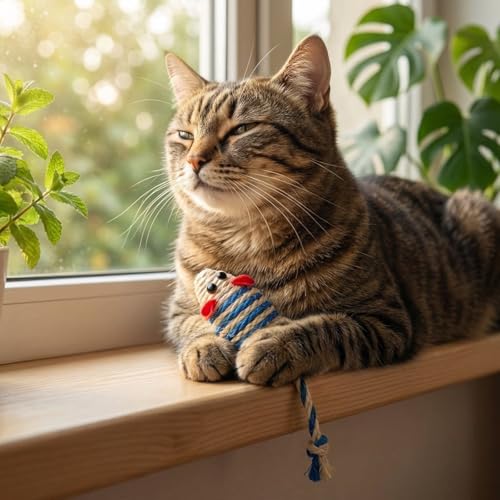 LOGOFUN 6pcs Cats Mouse Plush Toys Catnip Filled Cat Toys with Sisal Mice Handmade Rope Pet Toy for Indoor Cats Kitten Interactive Play Supplies - Blue & Yellow