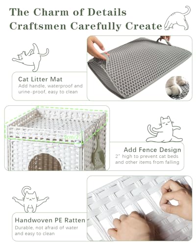 SETVSON Cat Litter Box Enclosure Furniture, Hidden Litter Box with Mat and Fence, Handwoven Rattan Cat House with Two S-Shaped Hooks for Living Room, Bedroom, 18.5 x 20.5 x 19.1 Inches (White - color: White, size: Standard