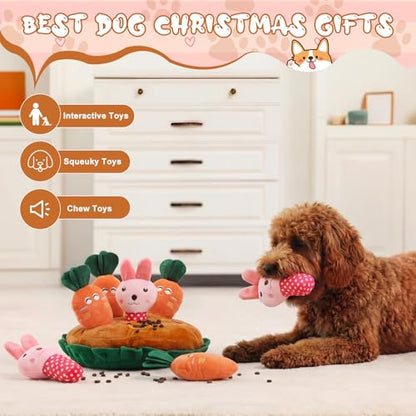 Skylety 7 Pcs Interactive Dog Toys Set, Snuffle Mat for Dogs, Treat Hiding Puzzle and Squeaky Plush, Carrot Bunny Dog Toys for Small Medium Dogs, Training and Boredom Relief Plaything - style: Carrot Bunny