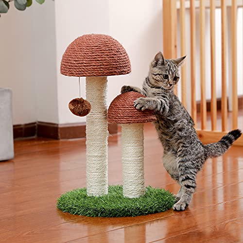 PETEPELA Cat Scratching Post, Mushroom Tall Cat Scratcher Featuring with Natural Sisal Scratching Poles and Interactive Toy Ball for Kittens and Small Cats (Brown) - color: Mushroom Brown, size: 18.9"