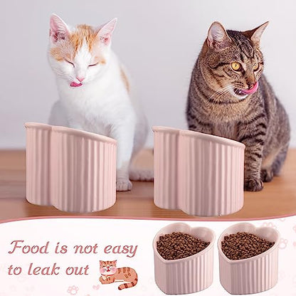 Mumufy 2 Pcs Ceramic Elevated Cat Bowls Tilted Elevated Raised Pet Bowls Anti Vomit Cat Dish for Indoor Stress Free Water Dish Feeder for Puppies, Heart Shaped(Pink) - color: Pink