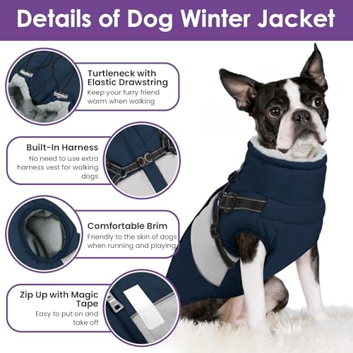 Small Dog Coat with Harness Built in, Warm Dog Jacket Winter with Zipper On Back, Waterproof Pet Snow Jacket Snowsuit Pet Sweater Clothes for Puppy, Blue XS - color: Navy Blue, size: X-Small