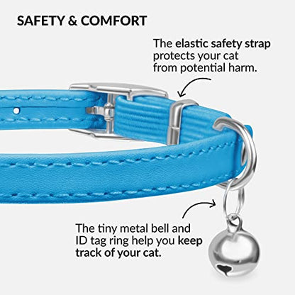 CollarDirect Leather Cat Collar with Removable Bell – Safety Elastic Strap (Breakaway Alternative) – Kitten Collar for Small & Big Boy & Girl Cats - color: Light Blue, size: 8-11 Inch