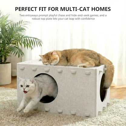 Cat House for Indoor Cats, Foldable Felt Cat Cave, Cat Hideaway, Cat Bed for Large & Multiple Cats, 23.6x15.8x11.8 inch, Cream - style: Camel