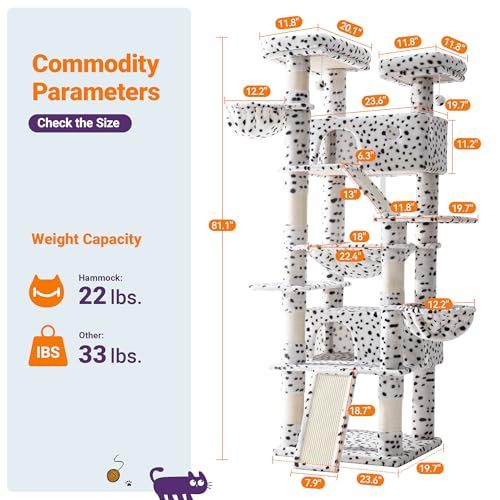 Allewie 81 Inches Tall Cat Tree/Multi-Level Large Climbing Tree House and Towers for Big Feline/Condo and Hammock/Scratching Post/Wide Base/White & Black Spot - color: White & Black Spo