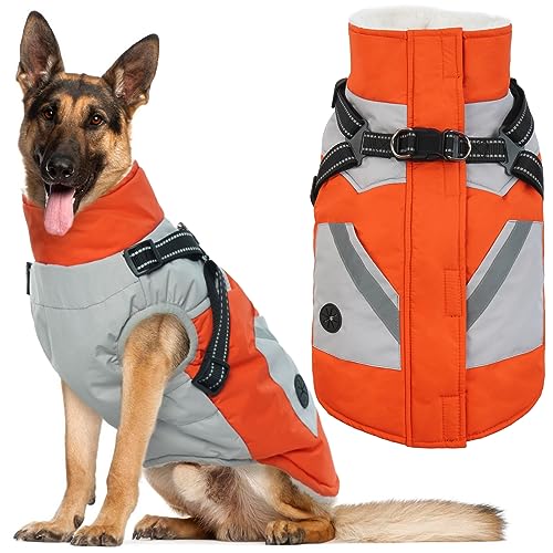 IECOii Dog Coat for Large Dogs, Orange, X-Large - Waterproof Winter Fleece Jacket with Harness, Turtleneck, Reflective Straps, Zipper Closure - color: Orange, size: X-Large(Chest:29.9 in)