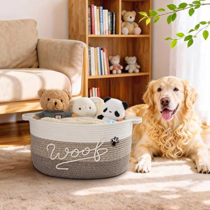 Woof Dog Toy Basket with Handles, Large Dog Toy Storage Bin with Paw Print, Woven Dog Basket for Blankets, Toys, Chews, Pet Toy Box for Nursery, Living Room, Bedroom, 17”x12”x9, Brown - color: Brown