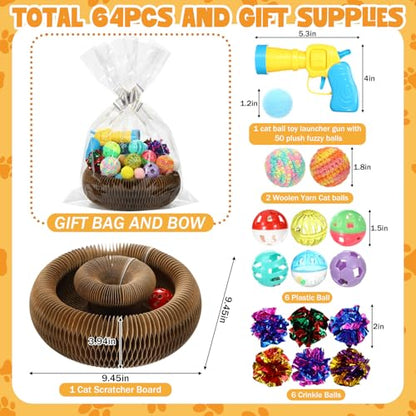 Zopeal 64 Pcs Easter Cat Toy Gift Set Magic Cat Scratcher Board Ball Launcher Gun Crinkle and Yarn and Plastic Bell Ball Kitten Toy with Bow for Pet Interactive Engaging Gift(Organ Shape) - style: Organ Shape