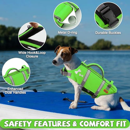 EMUST Dog Life Vests, Adjustable Dog Life Jacket with Rescue Handle, Dogs Flotation Vest for Small/Medium/Large Dogs, XS, NewGreen - color: NewGreen, size: XS