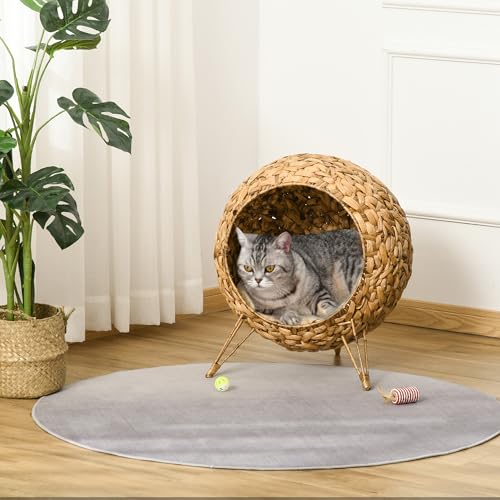 PawHut 20.5" Weaved Cat Bed, Elevated Hand-Woven Braided Banana Leaf Kitten House Condo with Cushion, Natural - color: Natural