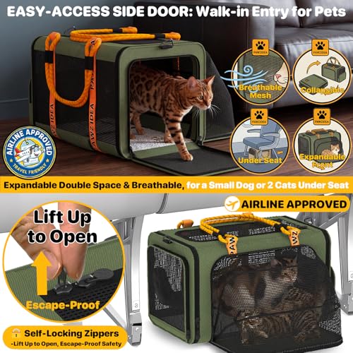 PAWZIDEA Expandable Pet Carrier with Wheels, 18"x11"x11" TSA Airline Approved Cat Carrier for 2 Cats Under Seat, Collapsible Soft-Sided Small Dog Rolling Travel Bag with Telescopic Handle, Up to 18lbs - color: Dark Green-Wheels