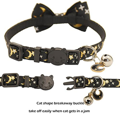 Bowtie Cat Collars Breakaway with Bell, Adjustable Cute Kitty Collars Safety Buckle Kitten Collar for Cat Puppy 7.5-11in (Black Moon) - color: Black Moon