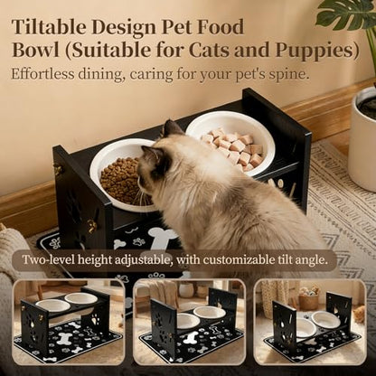 2026 New Elevated Cat Bowls with Food Mat, Adjustable Height & Angle Raised Cat & Dog Bowls Stand for Food and Water, Cat or Small Dog Feeding Station, 2 Ceramic Bowls for Cats and Puppy(Black Wood) - color: black