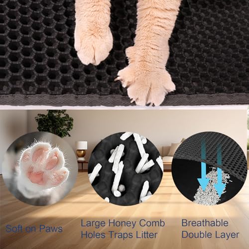 Cat Litter Mat Large Cat Litter Trapping Mat 30x24 inch Double Layer Urine and Water Proof Kitty Litter Box Mat XL - color: Black, size: 30 X 24 Inches