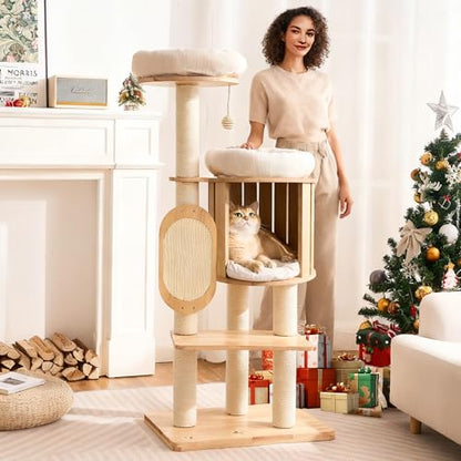 Modern Solid Wood Cat Tree for Indoor Cats Large Adult, 50in Tall Cat Tower with Sisal Scratching Posts, Cat Scratcher Cardboard, Cozy Cat Beds Cave Condo, Multi-Level Cat Furniture - color: Natural
