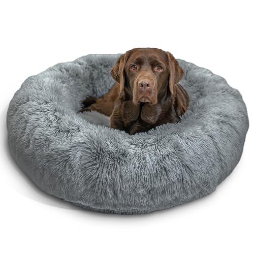 Best Friends by Sheri The Original Calming Donut Dog Bed for Large Dogs up to 100 lbs, Shag Faux Fur, Gray, Large, 36" x 36" - color: Gray Shag, size: Large