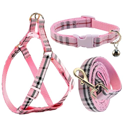 Cute Plaid Dog Collar Harness and Leash with Safety Buckle - Adjustable and No Pull Comfortable Dog Collars for Small Puppy, Stylish Durable Gift for Boy Girl Pets - color: pink-03, size: S