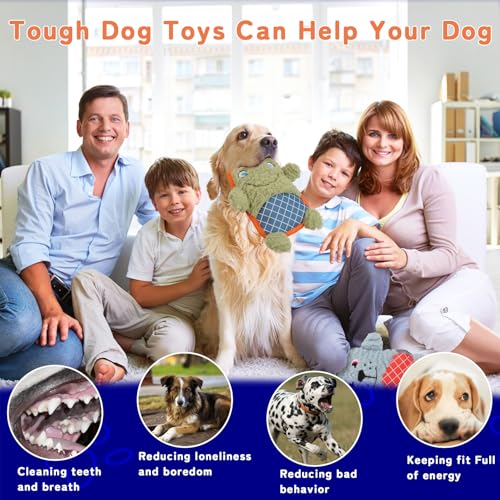 Crinkle Dog Toys Squeaky Plush No Stuffing Cute Puppy Stuffless Tough Rop Pull Toy, Fun Dog Stuffed Animals Durable Chew Set for Small Medium Large Pup (Large, Green Frog+Blue Dog)