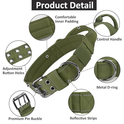Tactical Dog Collar with Control Handle, Military Adjustable Pet Collar Reflective Heavy Metal Buckle Dog Collar, Soft Nylon Training Collar for Medium Large Dogs (Green, Large) - color: Green, size: Large