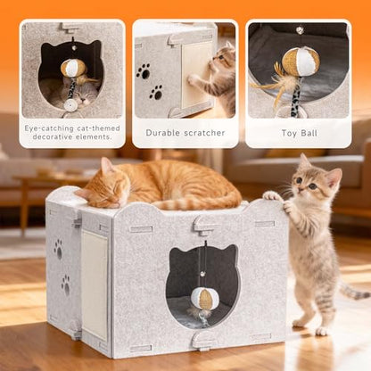 Yesday Detachable Felt Cat Bed Condo Shelter House for Indoor Use, Durable and Warm Flannel, Cozy Shelter with Built-in Scratching Board and Bonus Cat Toys (Camel) - color: Camel