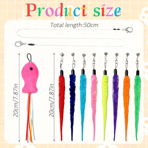 10 PCS Cat Worm Toy Including Worm & Little Fish, Interactive Cat Wand Toy Retractable Cats Wand Attachment Fuzzy Worms Toys Cats Fishing Pole Toys with Wands Replacement Rope for Play Exercise