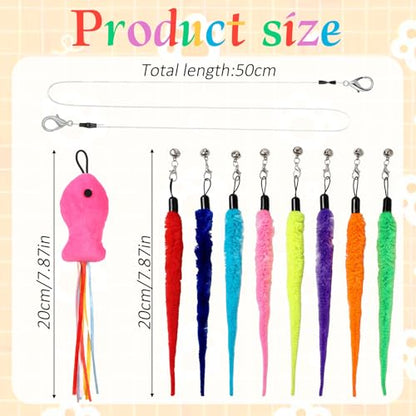 10 PCS Cat Worm Toy Including Worm & Little Fish, Interactive Cat Wand Toy Retractable Cats Wand Attachment Fuzzy Worms Toys Cats Fishing Pole Toys with Wands Replacement Rope for Play Exercise