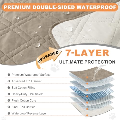 100% Waterproof Dog Bed Cover Pet Blanket 68"x82", 7-Layer Reversible Washable Bed Mat for Furniture Couch Sofa Car (Khaki+Off White)