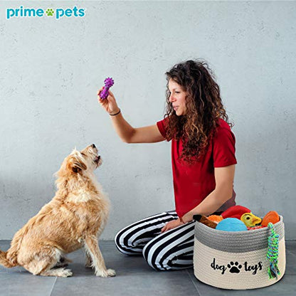 PrimePets Cotton Rope Dog Toy Basket, Small Basket with Handles, Woven Storage Bin for Dogs Pets, 15x10x9 inch Pet Basket Container Holder for Toys, White and Grey