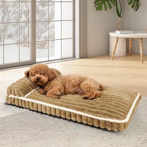 Comfort Dog Beds for Medium Size Dogs, Dog Bed with Removable Washable Cover, Deluxe Plush Dogs Bed for Crate with Pillow, Anti-Slip Pet Mat Mattress for Kennel with Durable Zipper(Brown, M) - color: Brown, size: Medium