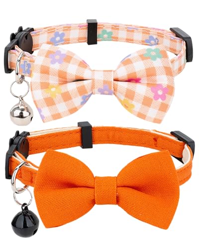 Cat Collar with Bow Tie Bell Breakaway Bowtie 2pcs Set Spring Plaid Flower Floral Solid Boy Girl Cute Kitten Safety B [Plaid & Solid] Orange - color: B [Plaid & Solid] Orange